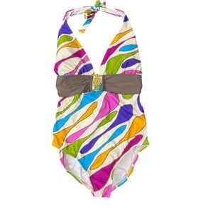 Tara Grinna Womens One Piece Halter Neck Tie Swimsuit Sz 12 Retro Maximalist